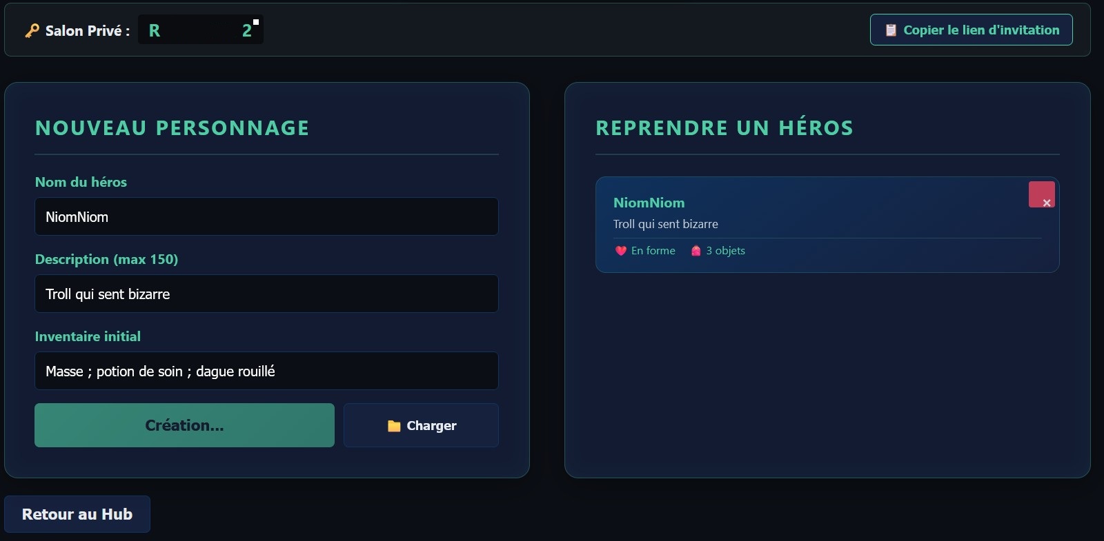 Écran de sélection et création de personnage